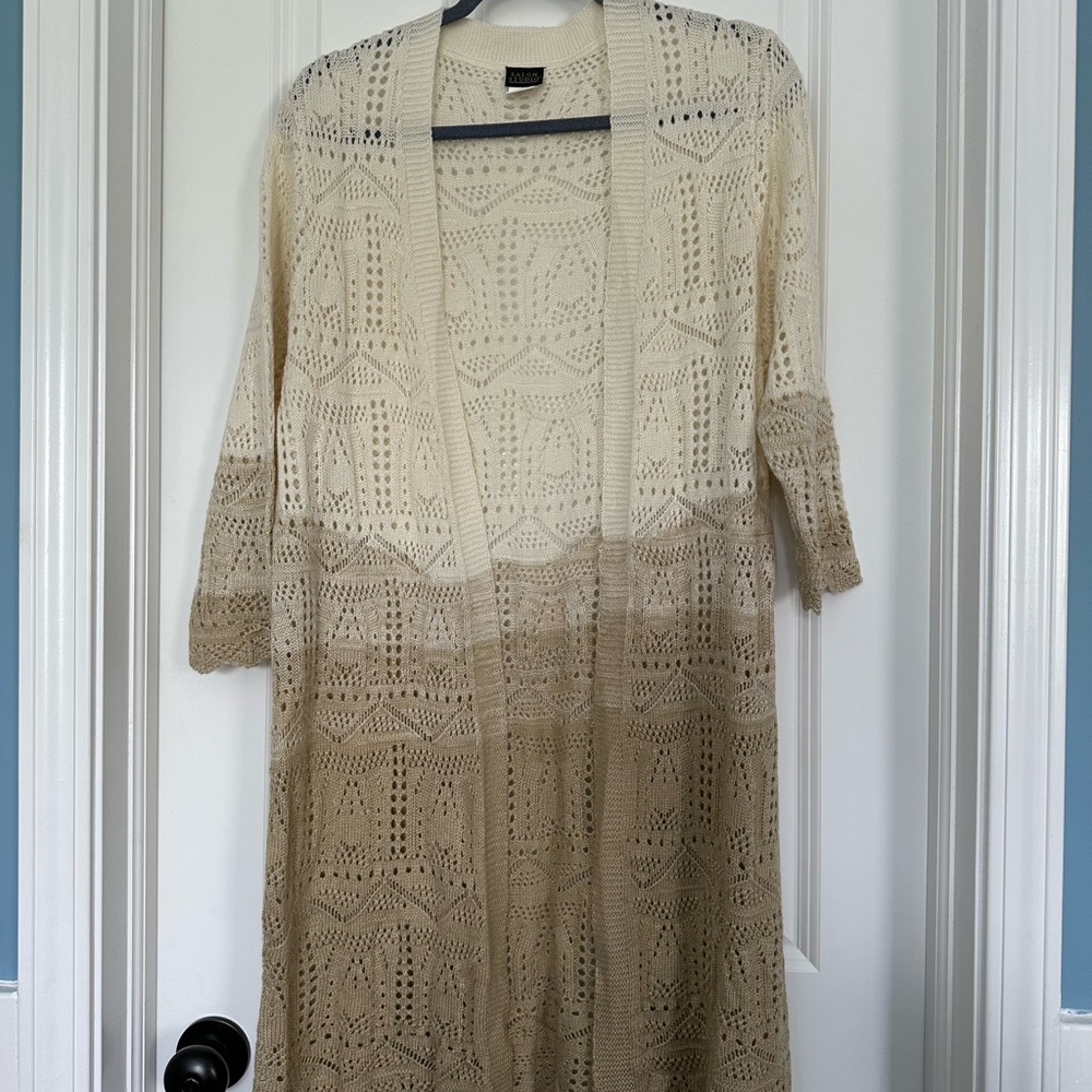 🌻 Salon Studio Neutral Tan/Cream 3/4 Sleeve Long Cardigan, Size Large 🌻